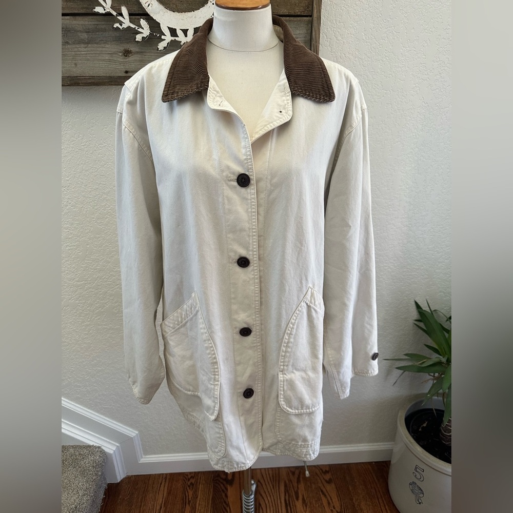 VTG Lands' End Women's Utility Chore Barn Jacket in Cream Brown Collar XL FLAW